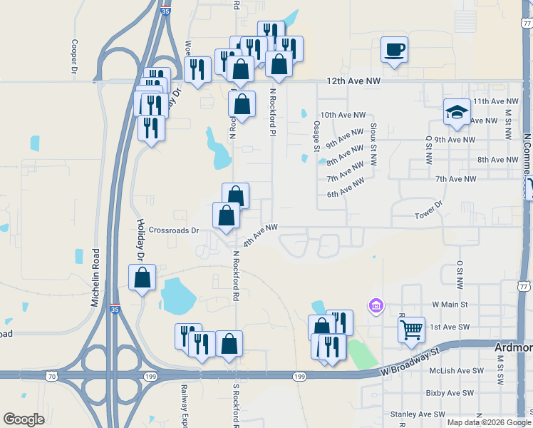 map of restaurants, bars, coffee shops, grocery stores, and more near 2215-2299 4th Avenue Northwest in Ardmore