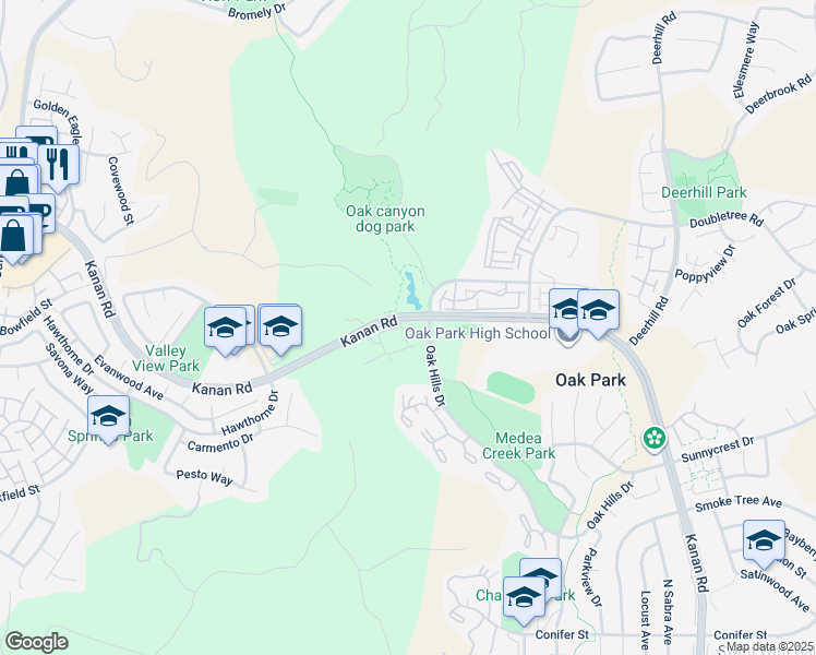 map of restaurants, bars, coffee shops, grocery stores, and more near 578 Water Oak Lane in Oak Park