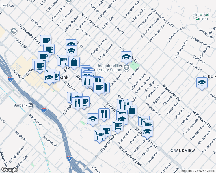 map of restaurants, bars, coffee shops, grocery stores, and more near 487 East Providencia Avenue in Burbank