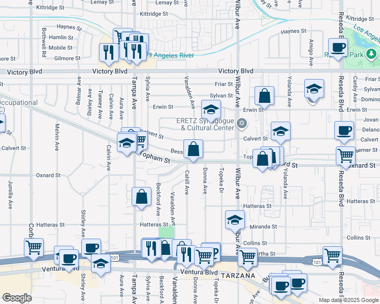 map of restaurants, bars, coffee shops, grocery stores, and more near 19132 Bessemer Street in Los Angeles