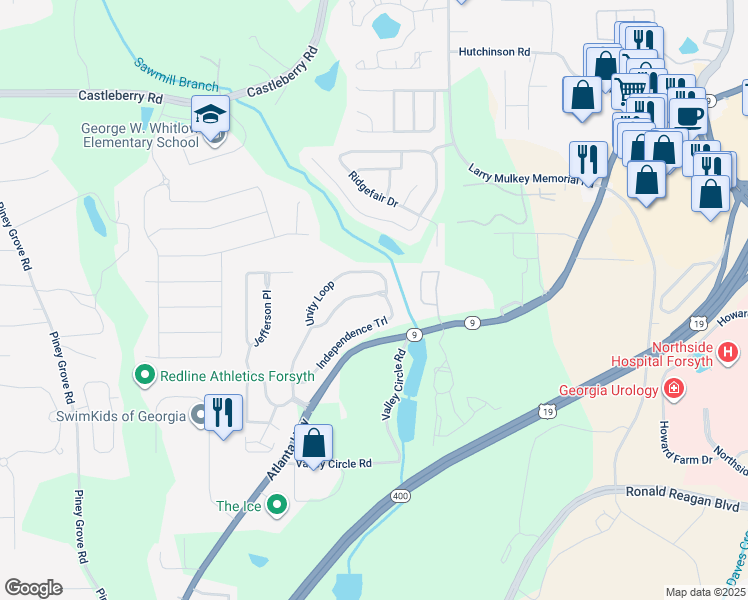 map of restaurants, bars, coffee shops, grocery stores, and more near 1745 Unity Loop in Cumming