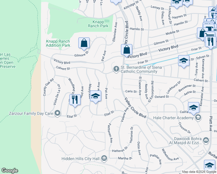 map of restaurants, bars, coffee shops, grocery stores, and more near 6040 Pat Avenue in Los Angeles