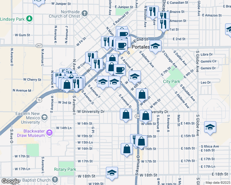 map of restaurants, bars, coffee shops, grocery stores, and more near 520 West 5th Street in Portales