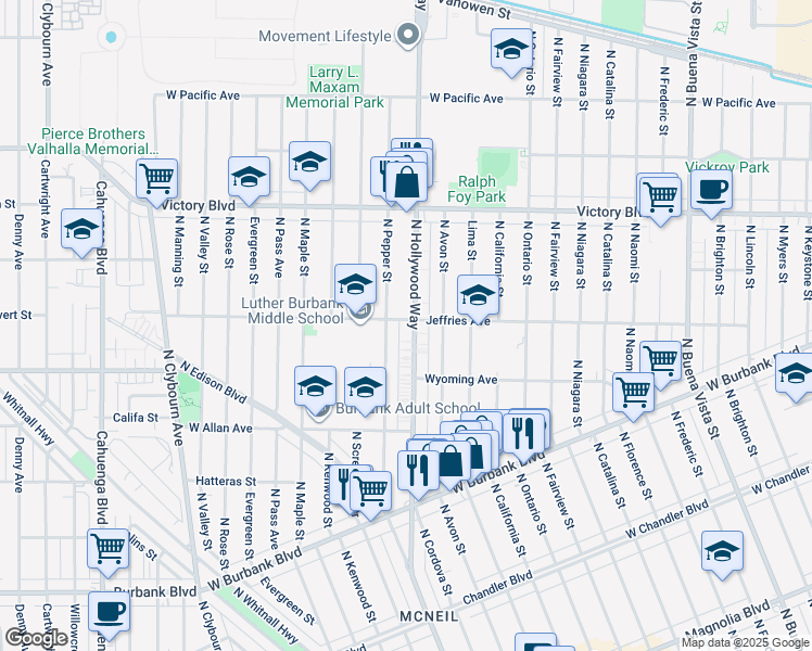 map of restaurants, bars, coffee shops, grocery stores, and more near 1736 North Pepper Street in Burbank