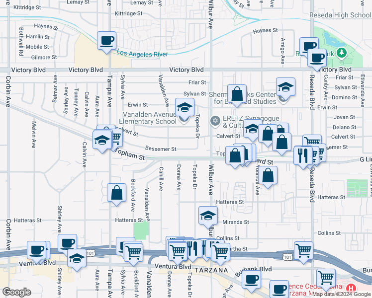 map of restaurants, bars, coffee shops, grocery stores, and more near 19007 Bessemer Street in Los Angeles