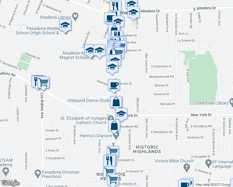map of restaurants, bars, coffee shops, grocery stores, and more near 2052 Lake Avenue in Altadena