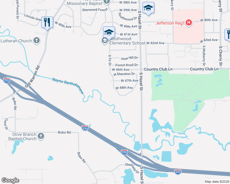 map of restaurants, bars, coffee shops, grocery stores, and more near 2406 Sheraton Park Drive in Pine Bluff