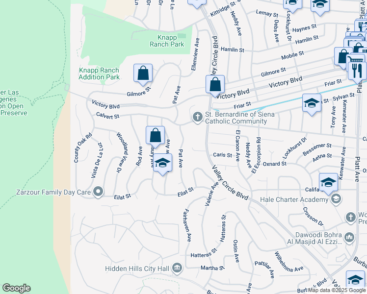 map of restaurants, bars, coffee shops, grocery stores, and more near 6025 Pat Avenue in Los Angeles