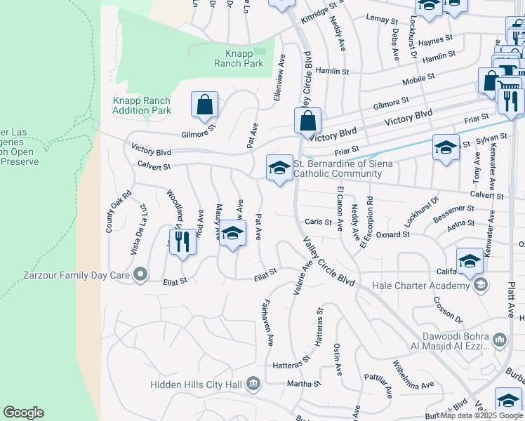 map of restaurants, bars, coffee shops, grocery stores, and more near 6040 Pat Avenue in Los Angeles