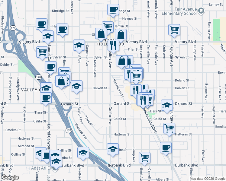 map of restaurants, bars, coffee shops, grocery stores, and more near 6036 Colfax Avenue in Los Angeles