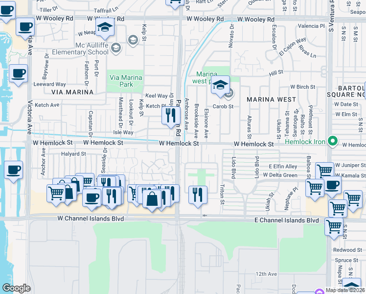 map of restaurants, bars, coffee shops, grocery stores, and more near 2753 Wendy Place in Port Hueneme