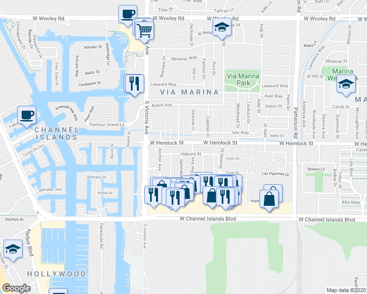 map of restaurants, bars, coffee shops, grocery stores, and more near 724 West Hemlock Street in Port Hueneme