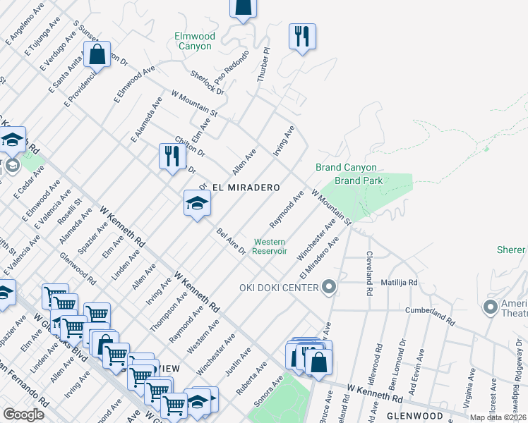 map of restaurants, bars, coffee shops, grocery stores, and more near 1500 Thompson Avenue in Glendale