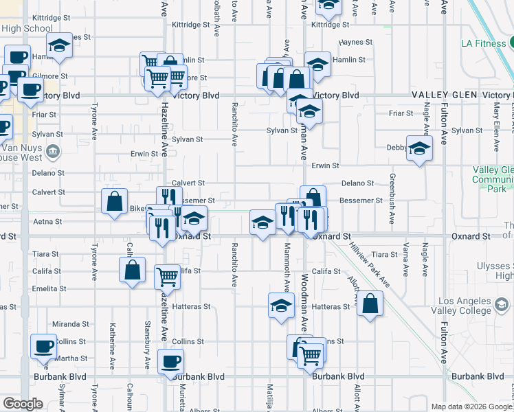 map of restaurants, bars, coffee shops, grocery stores, and more near 13816 Bessemer Street in Los Angeles