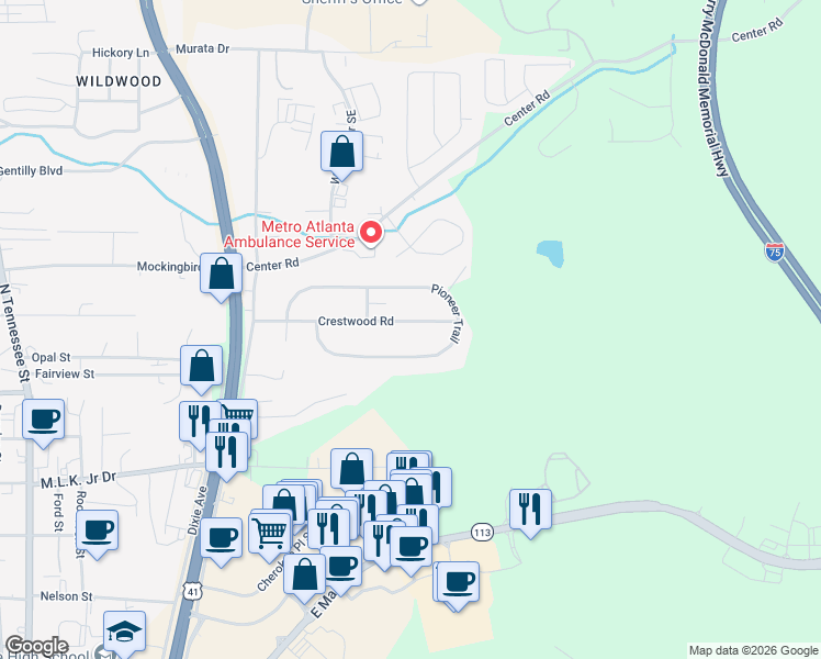 map of restaurants, bars, coffee shops, grocery stores, and more near 33 Crestwood Road in Cartersville