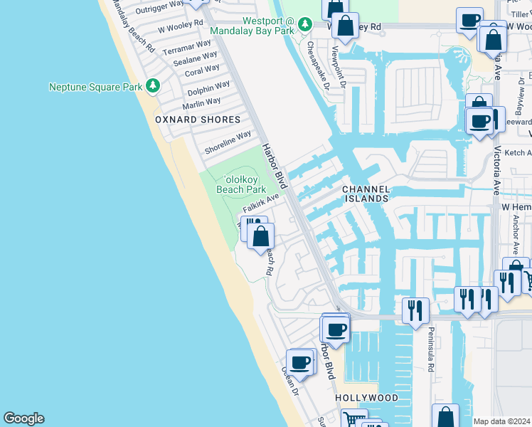 map of restaurants, bars, coffee shops, grocery stores, and more near 4695 San Sebastian Drive in Oxnard