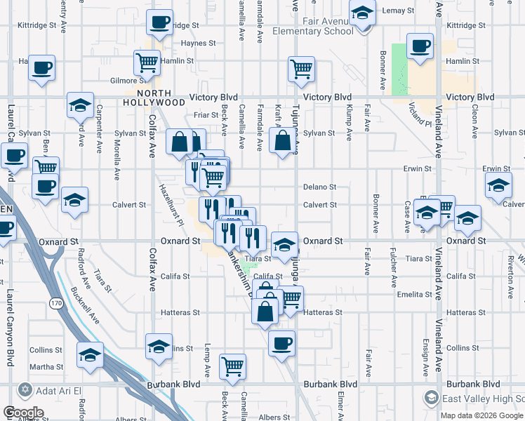 map of restaurants, bars, coffee shops, grocery stores, and more near 11471 Bessemer Street in Los Angeles