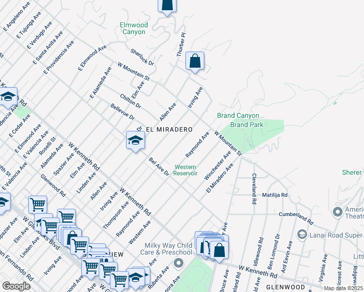 map of restaurants, bars, coffee shops, grocery stores, and more near 1500 Thompson Avenue in Glendale