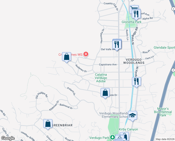 map of restaurants, bars, coffee shops, grocery stores, and more near 1441 Andenes Drive in Glendale
