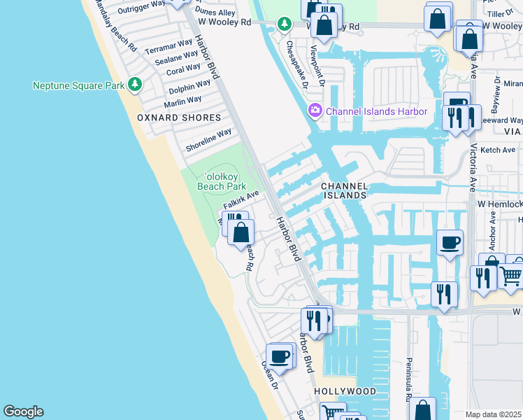 map of restaurants, bars, coffee shops, grocery stores, and more near 1941 Majorca Drive in Oxnard