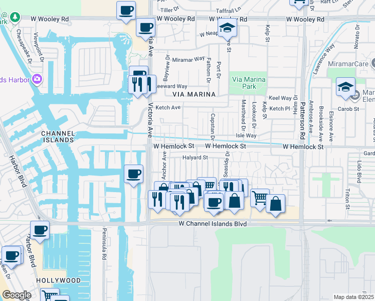 map of restaurants, bars, coffee shops, grocery stores, and more near 724 West Hemlock Street in Port Hueneme