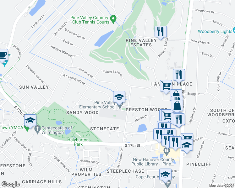 map of restaurants, bars, coffee shops, grocery stores, and more near 438 Semmes Drive in Wilmington