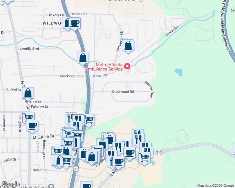 map of restaurants, bars, coffee shops, grocery stores, and more near 231 Pioneer Trail in Cartersville
