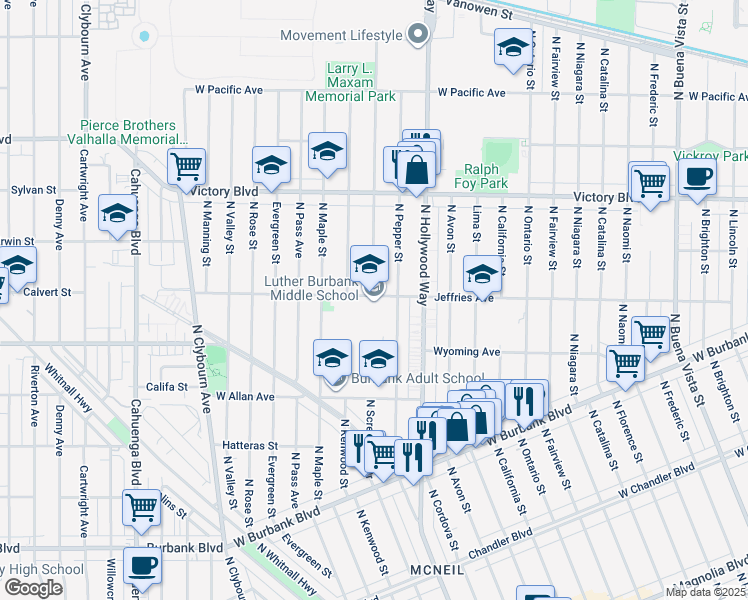 map of restaurants, bars, coffee shops, grocery stores, and more near 3700 Jeffries Avenue in Burbank