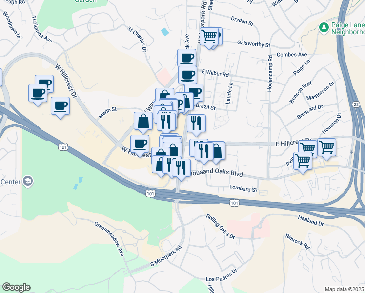 map of restaurants, bars, coffee shops, grocery stores, and more near 35 North Moorpark Road in Thousand Oaks