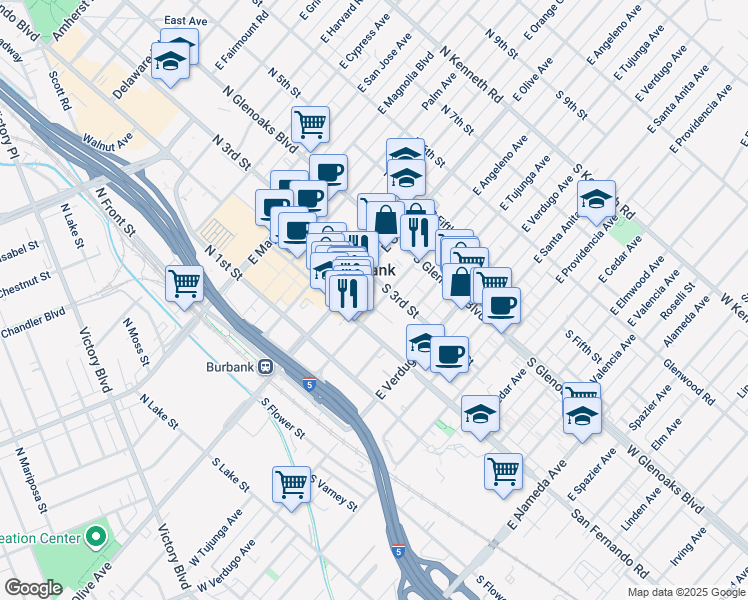 map of restaurants, bars, coffee shops, grocery stores, and more near 201 East Angeleno Avenue in Burbank