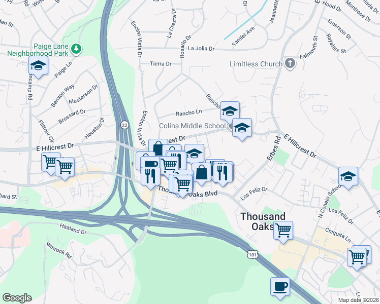 map of restaurants, bars, coffee shops, grocery stores, and more near 1342 East Hillcrest Drive in Thousand Oaks