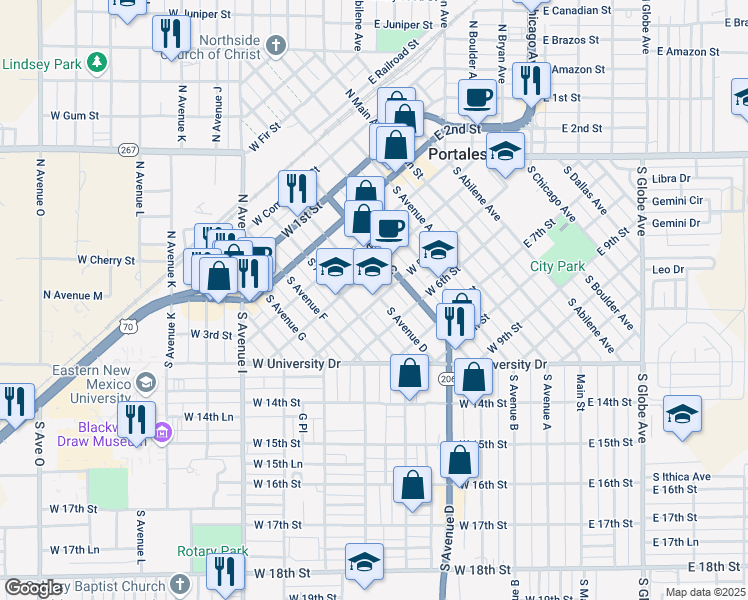 map of restaurants, bars, coffee shops, grocery stores, and more near 520 West 5th Street in Portales