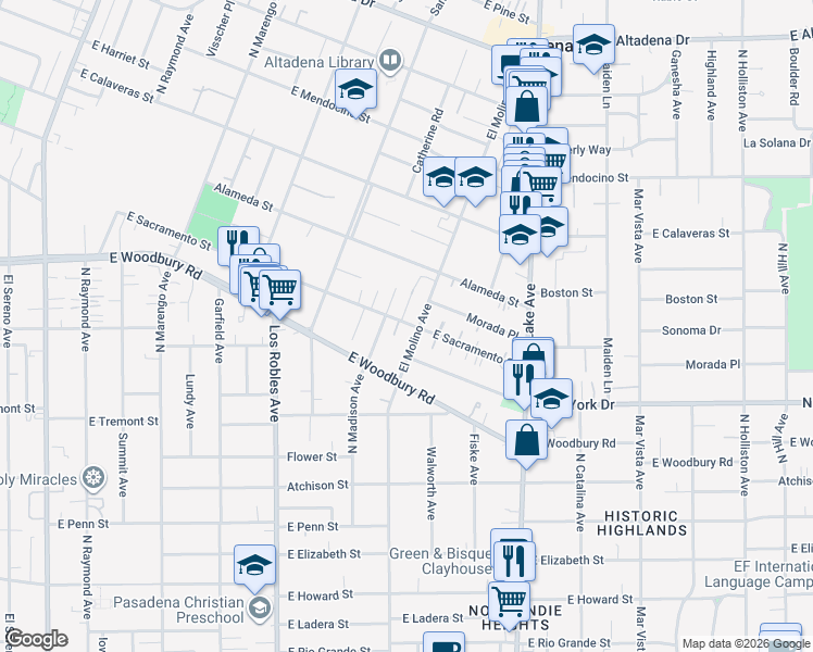 map of restaurants, bars, coffee shops, grocery stores, and more near 672 East Sacramento Street in Altadena