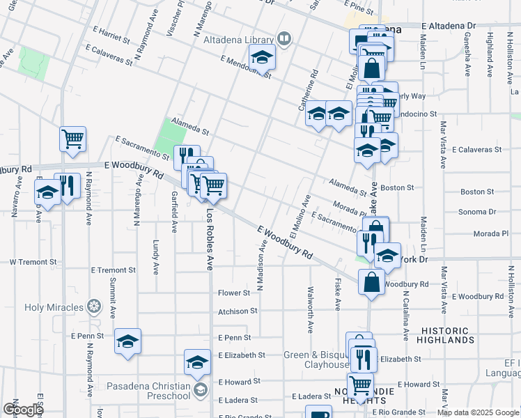 map of restaurants, bars, coffee shops, grocery stores, and more near 2017 Lovila Lane in Altadena