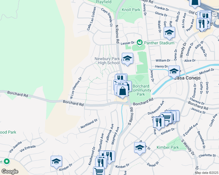map of restaurants, bars, coffee shops, grocery stores, and more near 169 Padua Circle in Thousand Oaks