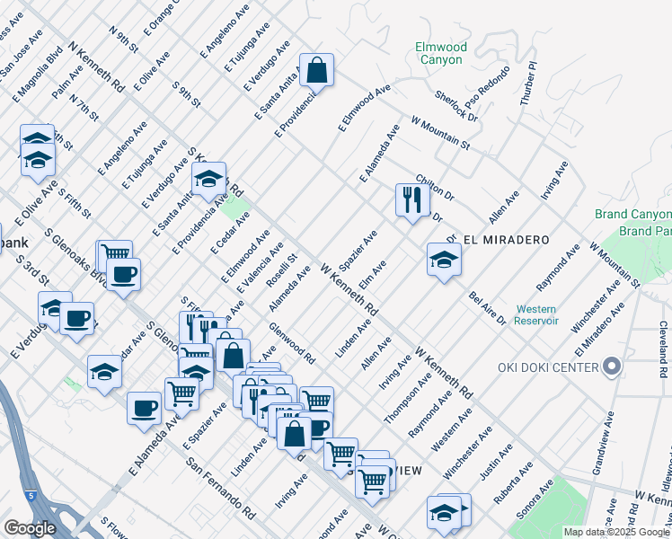 map of restaurants, bars, coffee shops, grocery stores, and more near 2031 West Kenneth Road in Glendale