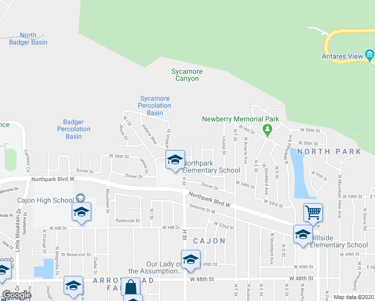 map of restaurants, bars, coffee shops, grocery stores, and more near 5605 North Crescent Street in San Bernardino