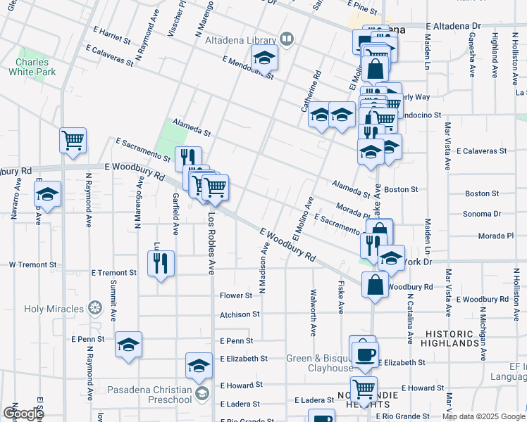 map of restaurants, bars, coffee shops, grocery stores, and more near 2000 Lovila Lane in Altadena