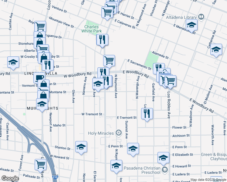 map of restaurants, bars, coffee shops, grocery stores, and more near 2022 North Raymond Avenue in Pasadena