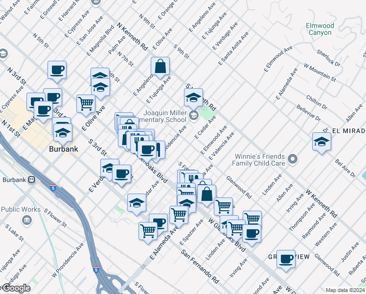 map of restaurants, bars, coffee shops, grocery stores, and more near 507 East Cedar Avenue in Burbank