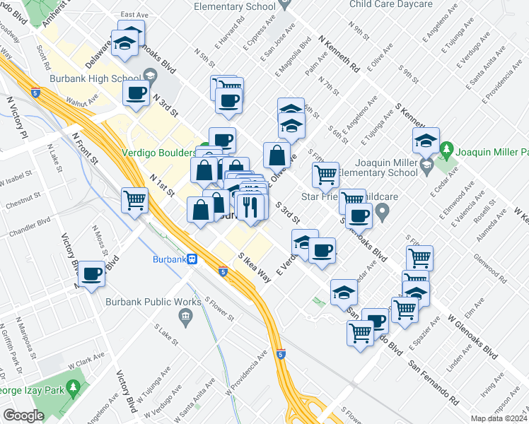 map of restaurants, bars, coffee shops, grocery stores, and more near 150 South San Fernando Boulevard in Burbank