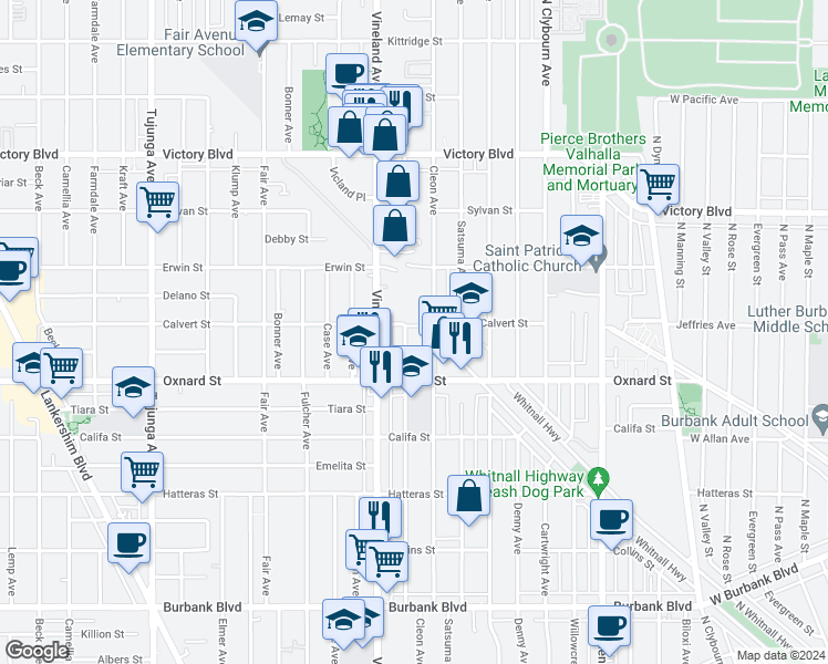 map of restaurants, bars, coffee shops, grocery stores, and more near 6039 Craner Avenue in Los Angeles