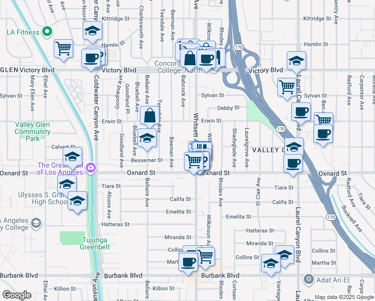 map of restaurants, bars, coffee shops, grocery stores, and more near 6039 Whitsett Avenue in Los Angeles