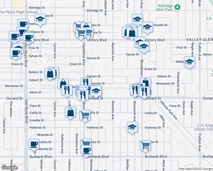map of restaurants, bars, coffee shops, grocery stores, and more near 13955 Oxnard Street in Los Angeles