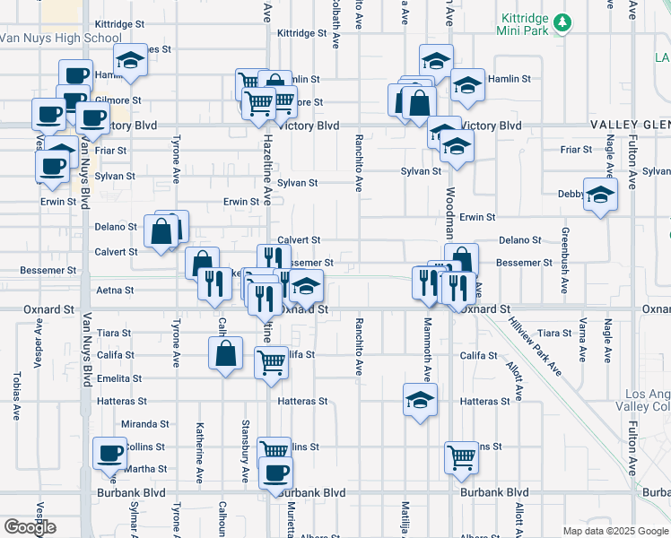 map of restaurants, bars, coffee shops, grocery stores, and more near 13955 Oxnard Street in Los Angeles