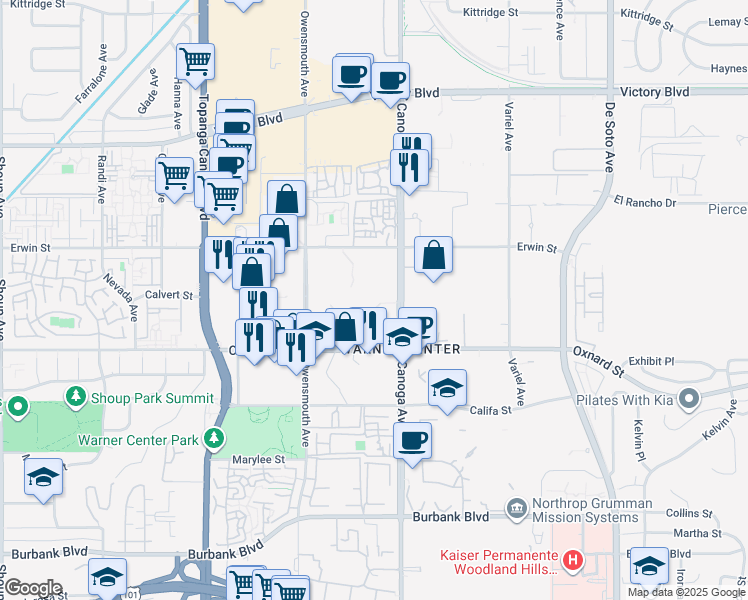 map of restaurants, bars, coffee shops, grocery stores, and more near 21555 West Oxnard Street in Los Angeles