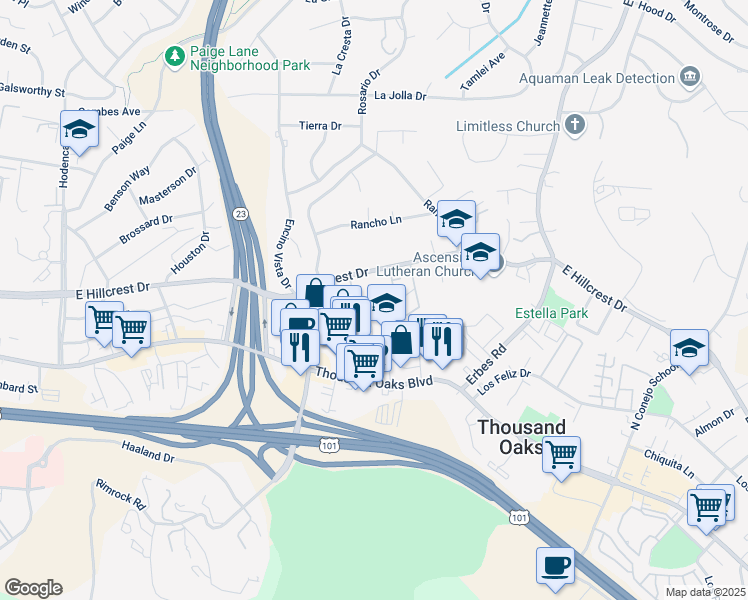map of restaurants, bars, coffee shops, grocery stores, and more near 160 Gazania Court in Thousand Oaks