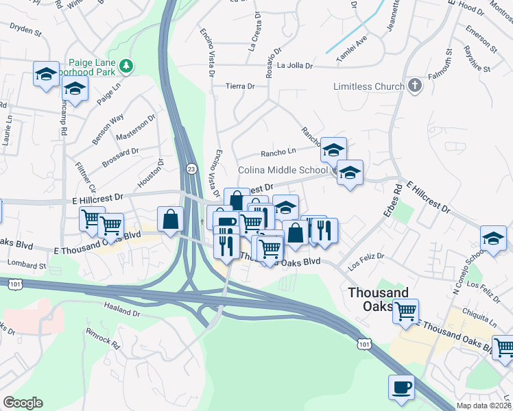 map of restaurants, bars, coffee shops, grocery stores, and more near 215 Hill Ranch Drive in Thousand Oaks