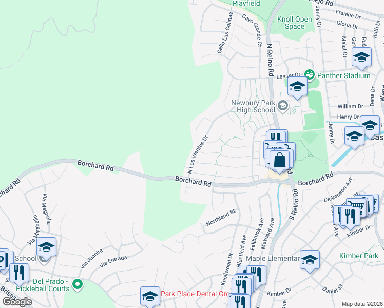 map of restaurants, bars, coffee shops, grocery stores, and more near 4039 Colonett Place in Thousand Oaks