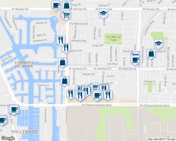 map of restaurants, bars, coffee shops, grocery stores, and more near 693 Halyard Street in Port Hueneme